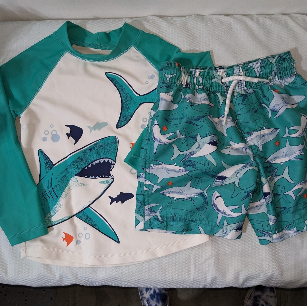 🥽 Child of Mine Shark Swim Trunks & Rashguard Aqua Toddler 3T - Picture 8 of 10